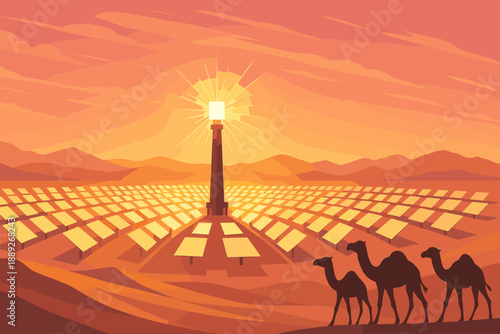 Sunset over solar panels with camels in the desert landscape near a tall tower
