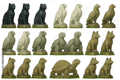 Many animal statues made of different materials are set on a flat surface in a bright area during a sunny day