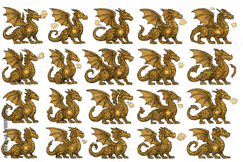 Dragons in various poses blowing fire and displaying wings in a fantasy art style