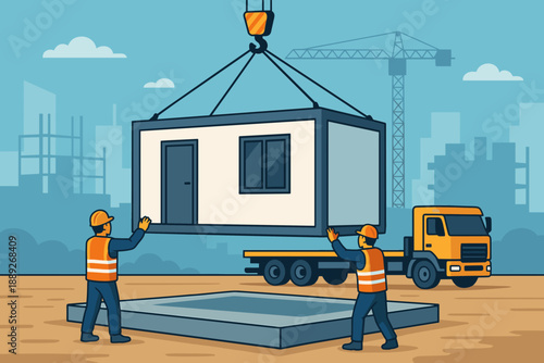 Workers place a modular building on a construction site in an urban area during the daytime under clear skies