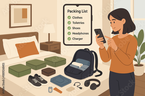 Packing for a trip with a checklist displayed on a wall and a person organizing items on a bed