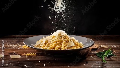 A Rustic Winter Pasta Dish Freshly Grated Parmesan Falling Midair Dark Wood Table