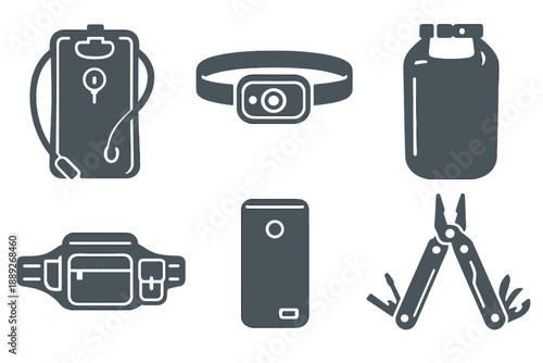 Various outdoor equipment and gear for hiking, camping, and adventure activities in a simple layout