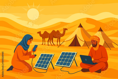 People use solar panels in desert while working on technology and checking mobile devices near camels and tents