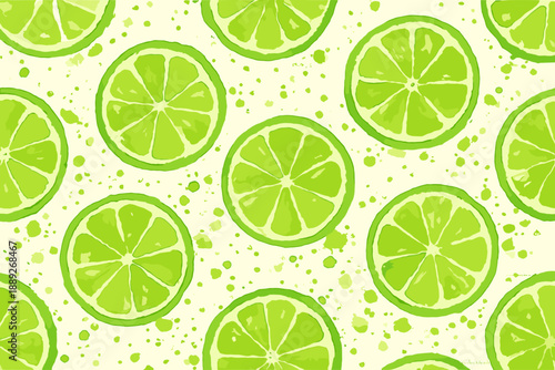 Lime slices arranged in a pattern on a light background with green watercolor dots throughout the design
