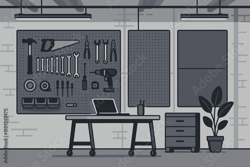 Workshop setup with tools on wall and table during daytime