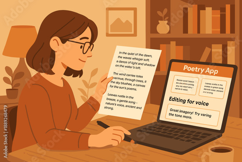 Woman reads notes in front of laptop while enjoying morning light in a cozy room with bookshelves