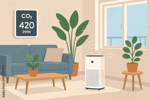 Indoor living space with air purifier and plants shows CO2 level measurement during a sunny day in a cozy room