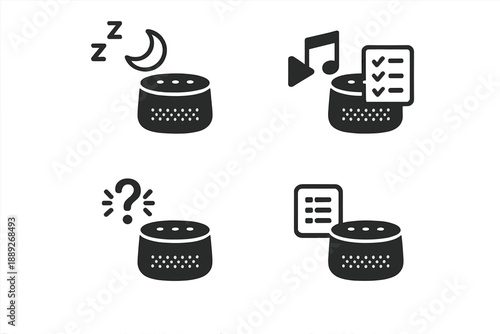 Various icons representing different functions of a smart speaker device with sound, music, and task management features
