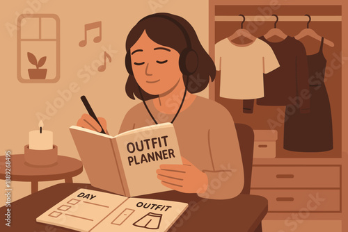 Person writes in outfit planner while sitting at desk in quiet room with closet in background during evening time