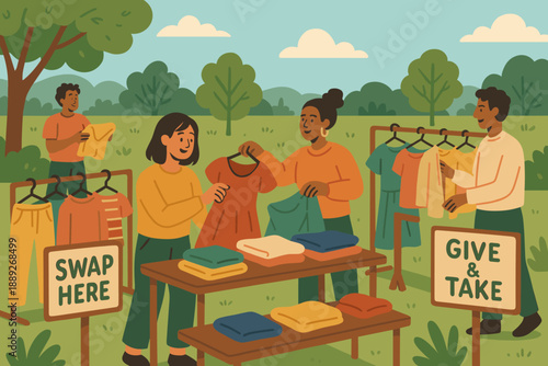 Community members gather at a clothing swap event in a park on a sunny afternoon to exchange clothes and connect with each other