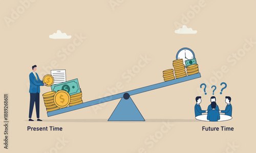 Time value meeting teams money, pink piggy bank man sum money worth now at present time than future, inflation or earning cost, value depend on time, businessman investor holding money big and small c