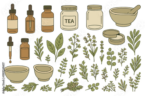 Herbal items on a table include bottles, jars, bowls, and various green leaves arranged in a simple display for natural remedies