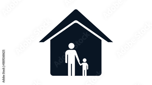 Simple graphic of a man and child inside a house icon.