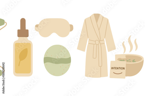 Relaxation setup for spa day at home with items for self-care and wellness in simple arrangement on flat surface