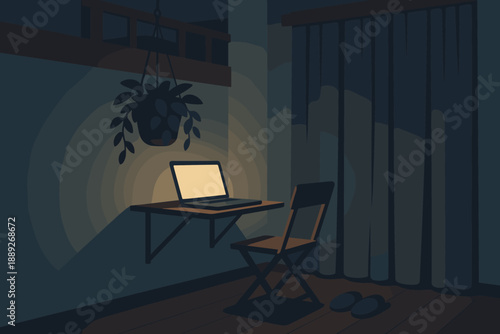 A quiet workspace at night with a laptop on a wall shelf and a chair nearby in a dimly lit room