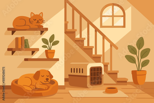Cozy indoor space with sleeping pets, stairs, and plants in a warm setting during the daytime