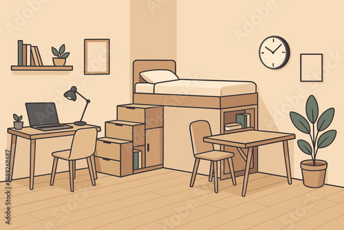 Cozy room with a loft bed, work desk, and plants shows a simple living space design in a light color scheme