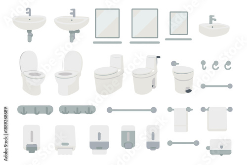 Bathroom fixtures and accessories are arranged in a neat layout with various styles and designs for sinks, toilets, and mirrors