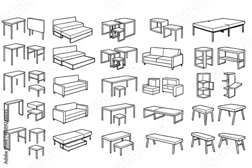 Different types of furniture drawings for homes in various styles and sizes suitable for living rooms and dining areas