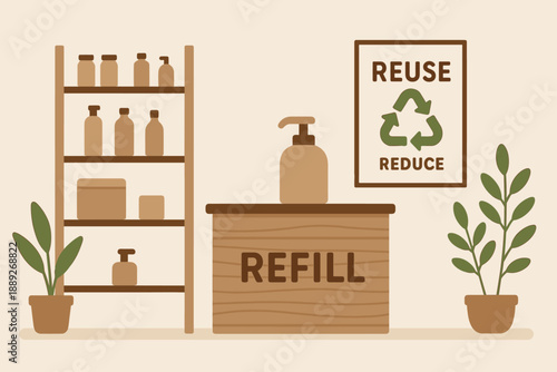 Refill station connected to sustainability with plants and recycling signs in a simple layout