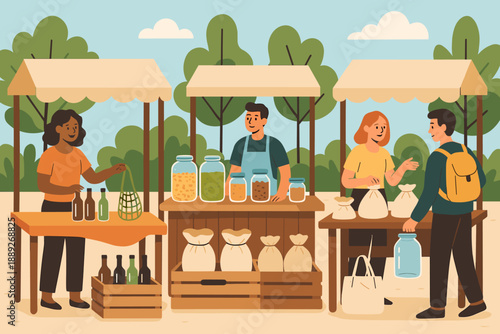 Local market features vendors selling food and drinks on a sunny day with shoppers interacting and buying goods in the park