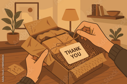 Opening a gift box with a thank you note inside in a cozy room with plants and warm lighting