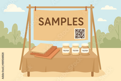 Samples available at a booth with jars and fabric pieces in a market setting during daytime