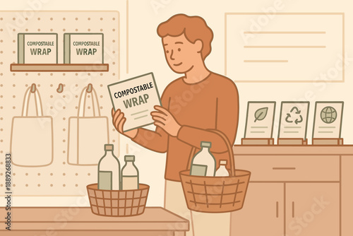 Person holds compostable wrap package while shopping for eco-friendly supplies in a store dedicated to sustainable products