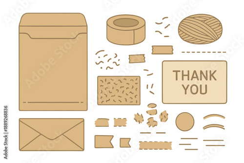 Craft supplies shown on white background with envelope, tape, yarn, and notes arranged in a creative layout for a DIY project