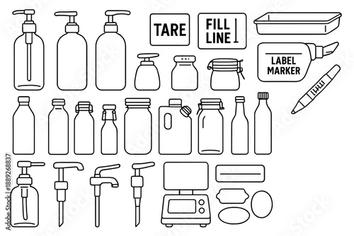 Containers and tools for refilling and labeling supplies in a shop setting