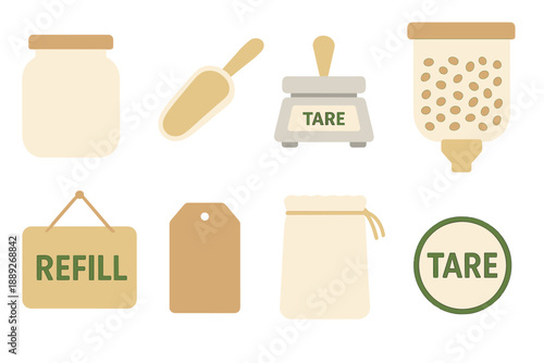 Visual symbols related to packaging and bulk food concepts in a simple and clean design layout for a grocery setting