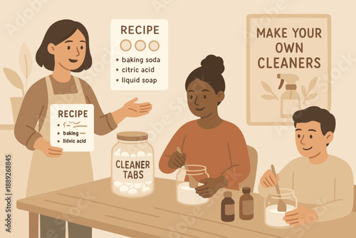 People make their own cleaners in a workshop on using natural ingredients in a bright room during the day