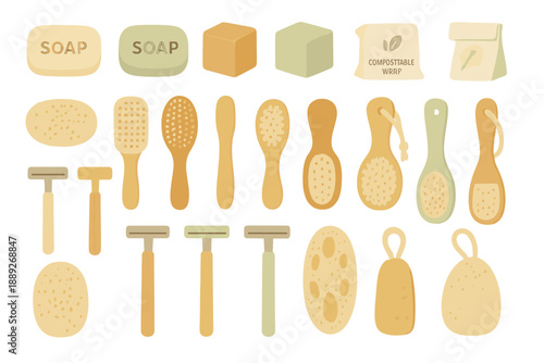 Different types of personal care items and cleaning products arranged on a flat surface