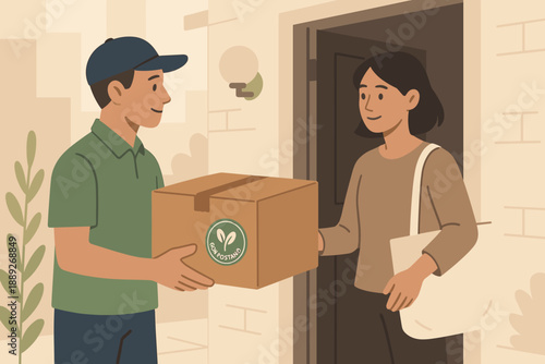 Delivery person hands a box to a woman at her doorstep while she holds a tote bag in the afternoon