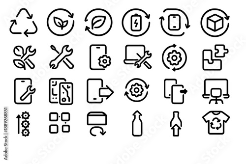 Icons showing various actions related to recycling, technology, and maintenance in a clean and organized layout on a white background