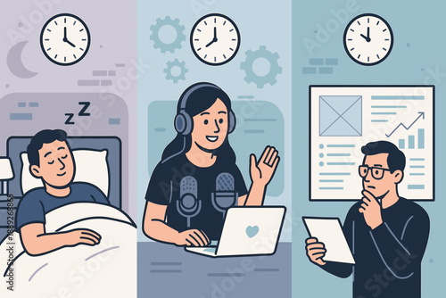 Person sleeping at night, one woman talking at a computer, and one man reading a paper during the day