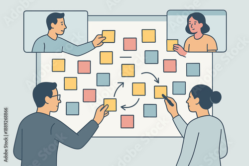 Team collaborates on project using sticky notes in online meeting during day