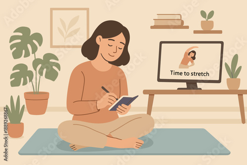 Person sits on a mat and writes in a notebook while watching a stretching video at home in a cozy setting
