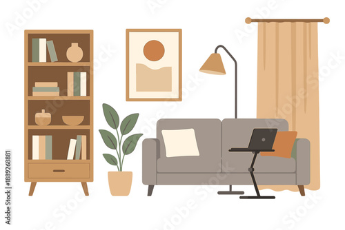 Cozy living room scene with a sofa, bookshelf, and houseplants in a warm setting during daytime
