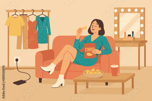 Woman sitting on a couch enjoying chips while relaxing in a room with clothes and makeup nearby
