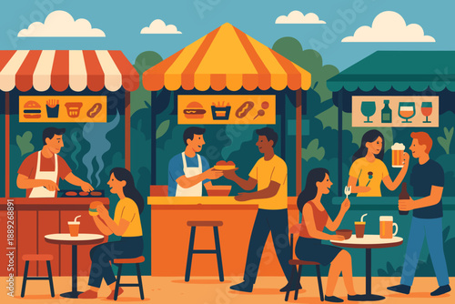 Food vendors serve meals to customers at a bustling street market during a sunny day in a vibrant outdoor setting