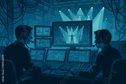 Technicians monitor live performance from control room during event at venue with bright stage lights and audience