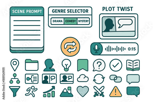 Scene prompt layout for story creation with genre options and plot twist features in digital format