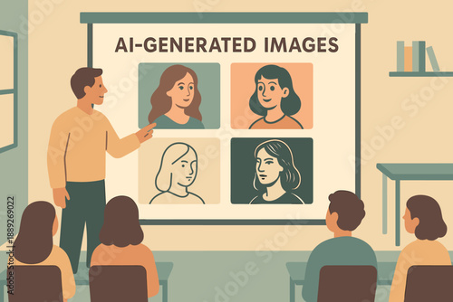 Instructor shows examples of AI-generated images to students in a classroom setting during a learning session