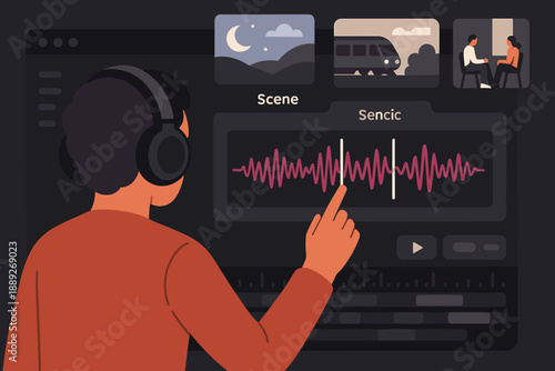 Person listens and interacts with audio editing software at night in a home setting with visual media on screen