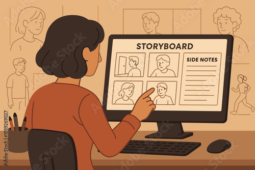 Person works on storyboard and takes notes at desk in creative space with sketches in background during daytime