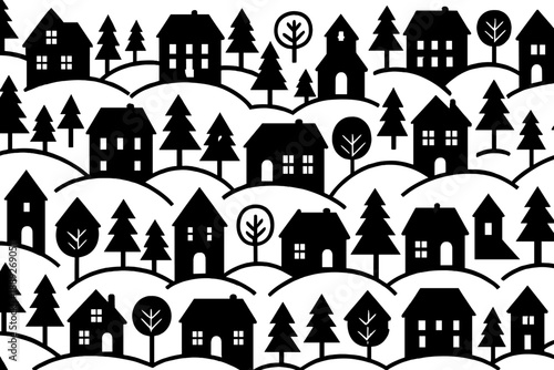 Black houses and trees on white background create a simple design in a repeated pattern across the entire surface