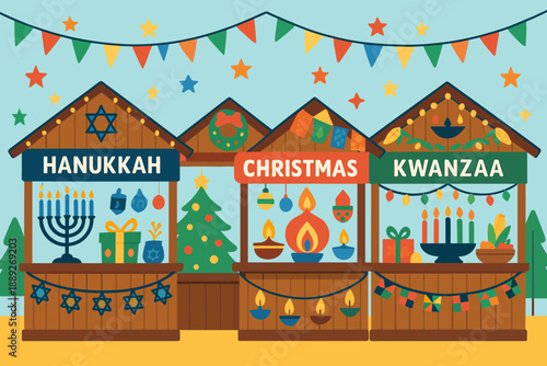 Celebration booths for Hanukkah, Christmas, and Kwanzaa in a festive market scene