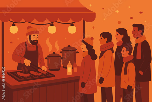 People gather around a food stall where a chef cooks sausages and serves customers at a market during a night event